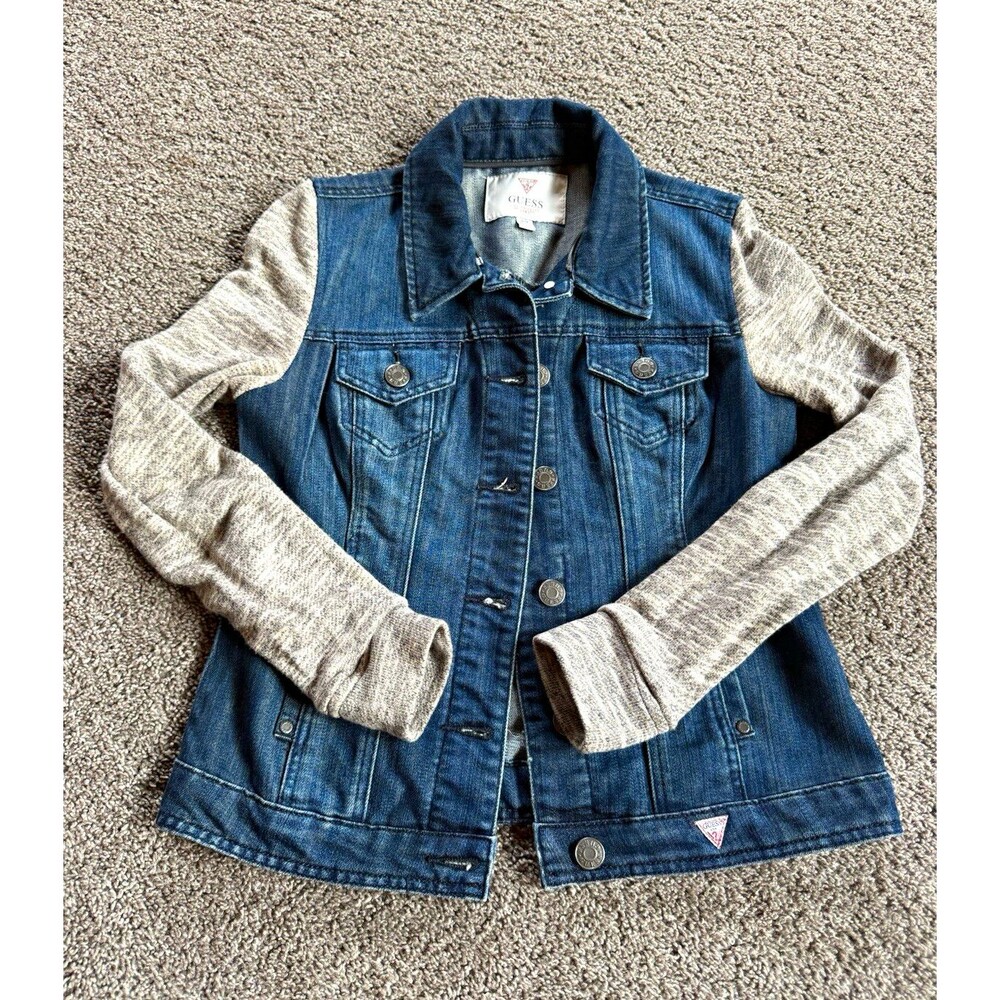 GUESS Womens M Denim Jacket Blue Jean Gray Knit Sweater Sleeves Button Front